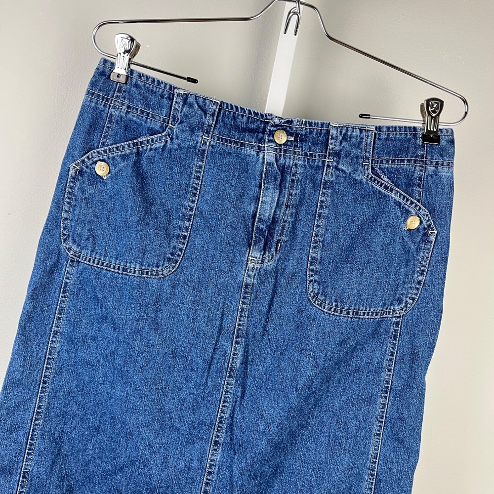 Vintage‎ White Stag Petites Denim Jean Skirt Womens 12P Midi Blue Retro Boho